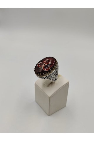 3 Hilal Kırmızı Taşlı Erkek Yüzüğü 24 Mm 925 Ayar Gümüş Yüzük