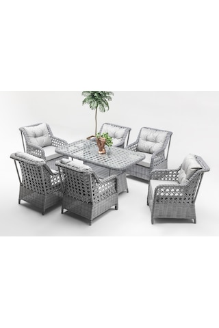 Alaska Yemek Masası Bahçe ve Balkon Mobilyası Takımı (1+1+1+1+1+1+Masa)-Gri