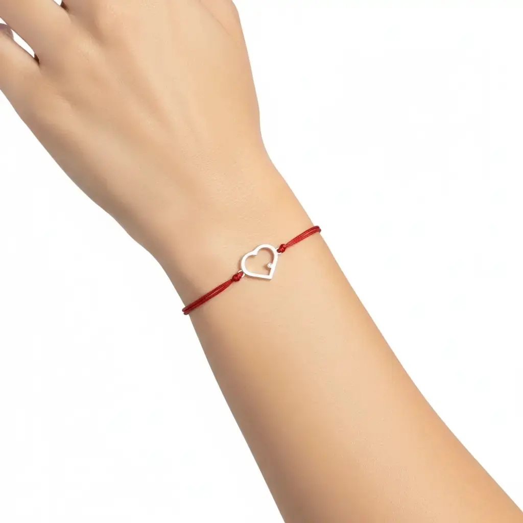 G&a Jewels - Kalp - 925 Ayar Gümüş 0.01ct Pırlanta Taşlı Kırmızı İpli Bileklik Gümüş - Kırmızı