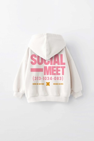 Kız Çocuk Socıal Meet Baskılı Kapüşonlu Manşetli Sweatshirt Krem