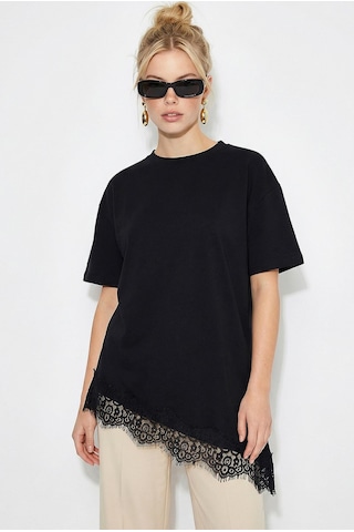 Shade Kadın Dantel Detaylı Asimetrik Kesim Kısa Kollu T-shirt 1078 60286069 - Siyah