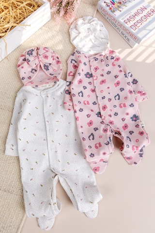 Babymod Çiçek Desenli Şapkalı 2'li %100 Kız Bebek Tulum Çok Renkli