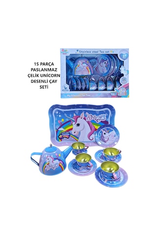 Oyuncak Metal Çay Evcilik Ve Mutfak Seti 15 Parça Çay Bardak Tepsi Çaydanlık Tabak 24 Cm.