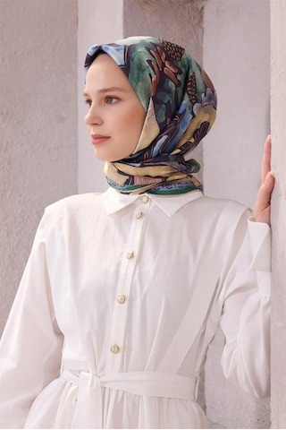 Belli Tivil Saf İpek Eşarp 4216 - 20 Mavi Yeşil Soyut Desen Yeşil
