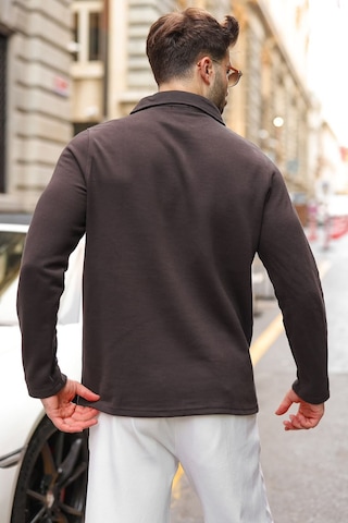 Madmext Acı Kahve Yarım Fermuarlı Polo Yaka Dokulu Erkek Sweatshırt E7197 Acı Kahverengi
