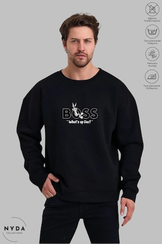 Unisex Bugs Bunny Baskılı Bisiklet Yaka Kapüşonsuz Şardonlu Oversize %100 Pamuk Penye Sweatshirt Siyah