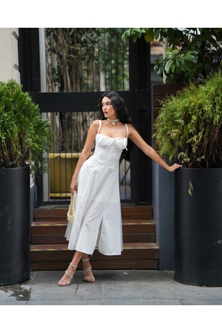 Kadın Askılı Sırt Bağlamalı Tasarım Midi Elbise Beyaz