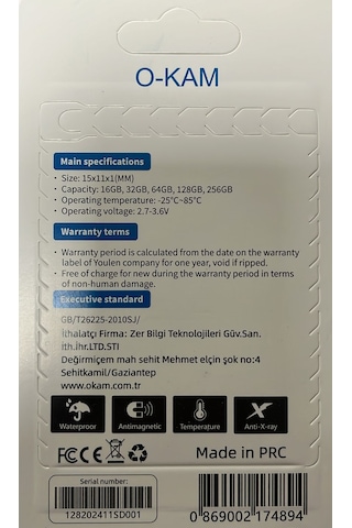O-kam 256gb Yüksek Hızlı Micro Sd Hafıza Kartı Class 10 U3