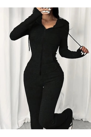 Tua Moda Kadın Uzun Kollu Kapşonlu Bağcıklı Önü Fermuarlı Viskon Iki Iplik Bluz Ve Pantolon Ikili Takım Siyah