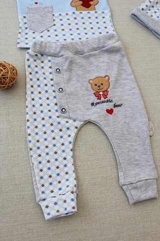 Pamuklu Mavi Erkek Bebek 3'lü Takım - Ayıcık Nakışlı & Uzun Kollu Alt Üst Takım mavi Mavi