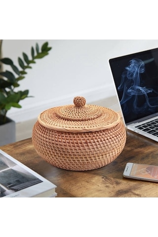 Bosphorusboutique02 Yuvarlak Rattan Sepet, Kapaklı Hasır Meyve Ekmek Kutusu, Rustik Atıştırmalık Kase Diğer