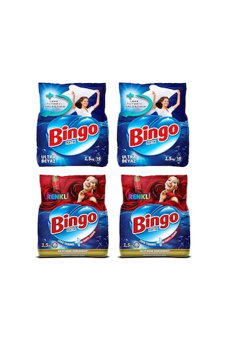 Bingo Ultra Beyaz Ve Renkli Toz Çamaşır Deterjanı 1,5 Kg 4 Lü Karma Paket