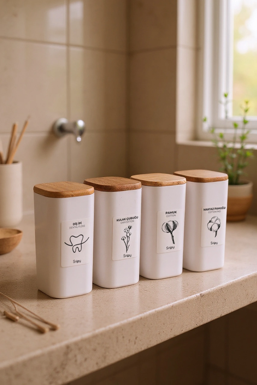 Luvo Beyaz - 4'lü Kare Ahşap Vakum Kapaklı Banyo Düzenleyici Plastik Banyo Seti Etiketli Organizer Beyaz