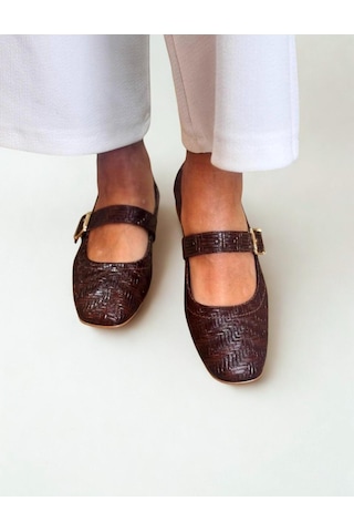 Ne&ve Shoes Kahve Hakiki Deri Örgü Desen Baskılı Kare Burunlu Tek Bantlı Kadın Şık Ve Rahat Babet Kahverengi
