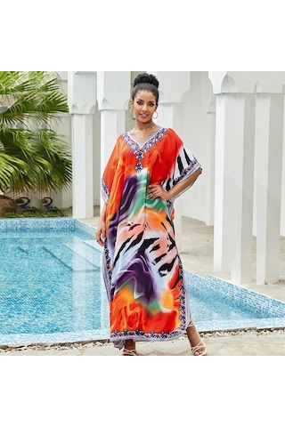 Edolynsa Kadınlar İçin Renkli Bohem Kaftan Elbise V Yakalı Mayo Örtüsü Büyük Beden Yarasa Kollu Plaj Giyim Uzun Tatil Bornozu Q841 Çok Renkli