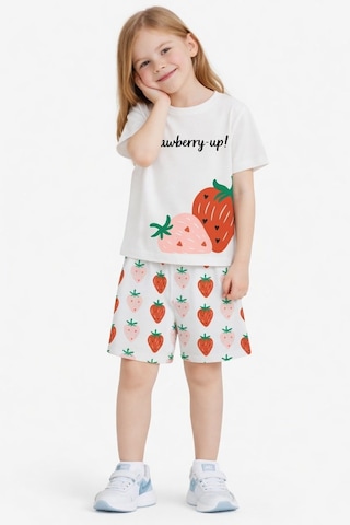 Name Baby & Kids Kız Çocuk Şortlu Yazlık Pijama Takımı - Çilek Nbk-6154 Ekru