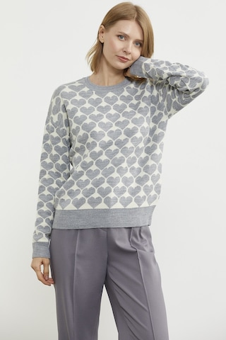 Kalp Desenli Sıfır Yaka Triko Kazak - Gri 001