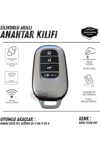 Honda Civic Fe1 Accord Cr-v Hr-v Zr-v Uyumlu Silikon Anahtar Kılıfı Oto Anahtar Kabı Darbe Emici Anahtarlık Koyu Titan Gri 00 Şüscaroto Aksesuar