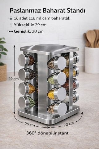 Makri Home 16'lı Döner Baharatlık Seti Krom Kare Stantlı 118 Ml Cam Kavanoz 360 Döner 29x20 Cm Diğer