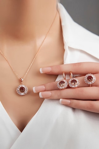 Rose Renk Zultanit Ve Baget Zirkon Taşlı 925 Ayar Gümüş Bayan Takı Seti -7985 Gümüş