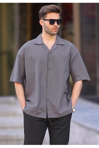 Madmext Füme Kısa Kollu Oversize Erkek Gömlek 6737 Füme