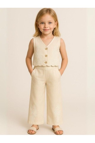 Kız Çocuk Keten Yelek Pantolon Takım-15971 KREM