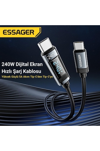 Essager 2 Metre 240w Dijital Ekranlı Type-c To Type-c Mega Hızlı Data Şarj Kablosu, Ultra Sağlam Halat Kablo Kopmaz