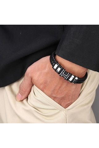 Vintage El Dokuması Çevre Dostu Deri Tokalı Bileklik Erkek Modası Dini Muska Takı Siyah