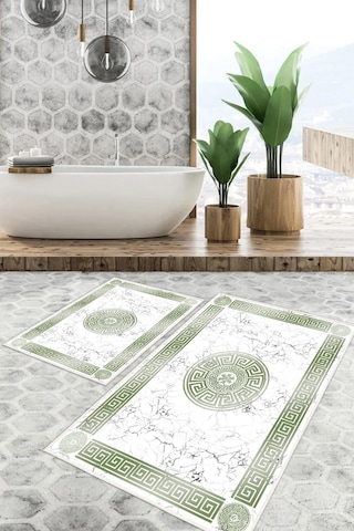 Dijital Baskı Mermer Desen Kaymaz Taban 2li Set Banyo Paspası Klozet Takımı 50x60cm-60x100cm Yeşil