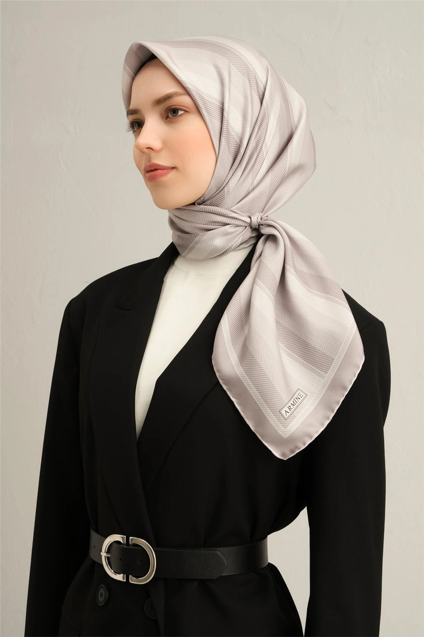 Armine Klasik Desenli Saf İpek Twill Eşarp 9327d 82 Gri