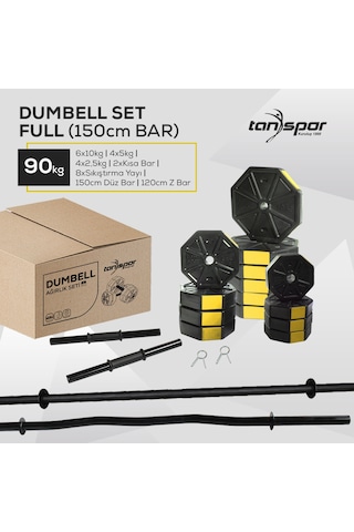 Tanspor 90 Kg Dambıl Halter Full Kısa Bar + Düz Bar (150 cm) + Z Bar (120 cm) Set Mavi Kapaklı