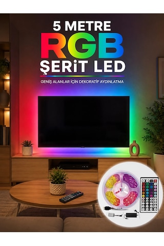 5 Metre Rgb Şerit Led 5050 Smd Uzaktan Kumandalı Renkli Dekoratif Led Aydınlatma Seti Çok Renkli