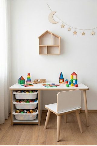 Çocuk Masa Sandalye Takımı 90x45 Cm 3 Sepetli Çocuk Çalışma Masası Aktivite Masası Yaz-sil Beyaz
