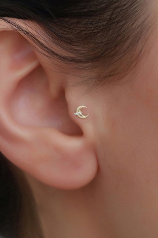 14 Ayar Altın Taşlı Hilal Tragus Piercing Sarı