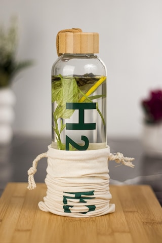 H2o Borosilikat Cam Matara Bambu Vakum Kapaklı Su Şişesi Suluk (Kumaş Kılıf Hediyeli) 600 ML Bambu