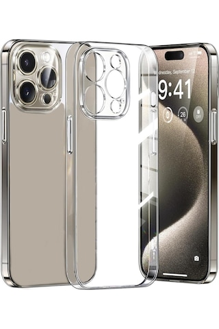 Apple Uyumlu iPhone 15 Pro Max Kılıf Metal Tuşlu Kamera Korumalı Silikon Şeffaf Arka Kapak Şeffaf