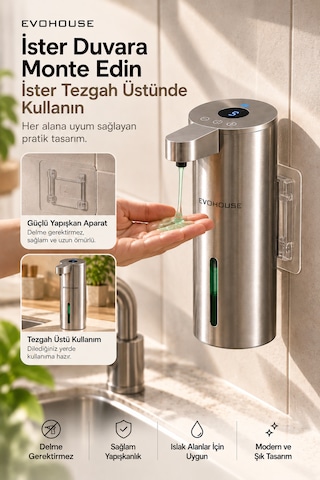 Otomatik Sensörlü Sıvı Sabun Dispenseri Paslanmaz Çelik Inox - P25 Model Gümüş