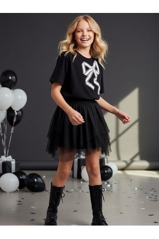 Zekids Kız Çocuk Fiyonk Desenli Yarım Kollu Tasarım T-shirt-16533 Siyah