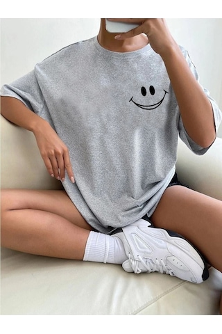 Smile Grafik T-shirt - Gri Baskılı Oversize Bisiklet Yaka Kısa Kol Tişört Gri