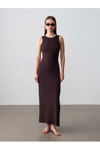 Dilvin 91652 Fitilli Midi Elbise-koyu Kahve