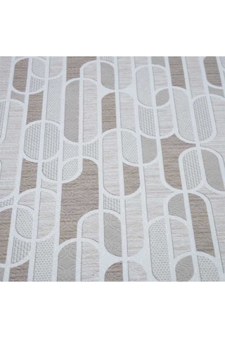 Krem Bej Geometrik Oval Desenli Saçaklı Kaymaz Jel Tabanlı Modern Halı 1