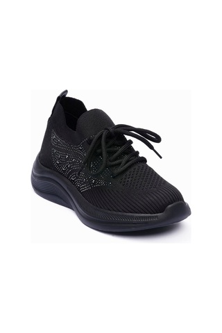 Kadın Triko Sneaker Taş Detaylı Hafif Konfor Taban Bağcıklı Günlük Spor Ayakkabı Viola Siyah Siyah