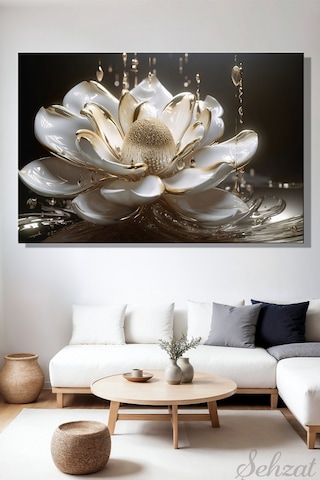 Yatay Tekli Kanvas Duvar Tablosu Salon Mutfak Yatak Odası Ofis Altın Damlalı Beyaz Çiçek Lotus 3d