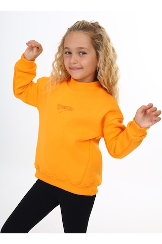 Kız Çocuk Relax Fit Dik Yaka Düşük Omuz Nakış Baskılı Sweatshirt - 3 İplik Şardonlu Hardal