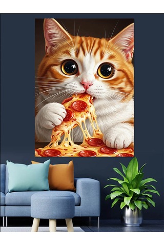 Pizza Yiyen Sevimli Kedi Dekoratif Kanvas - Mdf Ahşap Tablo