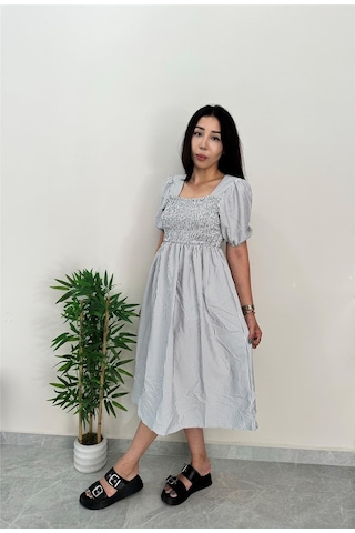 Simli Moda Çizgili Göğsü Lastikli Siyah Elbise Siyah