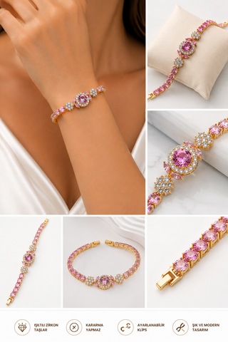 Pembe Zirkon Taşlı Gold Kadın Bileklik - Çiçek Ve Oval Taş Detaylı Tasarım Altın - Pembe