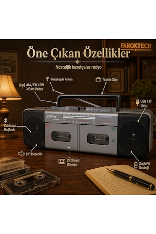 Nostaljik Çift Kasetçalar Radyo Bluetooth, Usb/tf Kart, Am/fm/sw 3 Bant, Çift Hoparlör Ve Şarjlı Pil Destekli