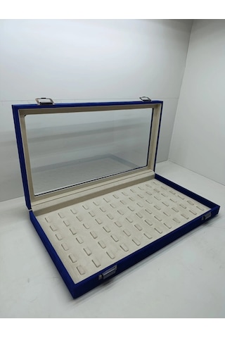 Yeni Cam Kapaklı Süet Lacivert Kumaş 45 Cm / 25 Cm Tırnaklı Yüzük Tablası