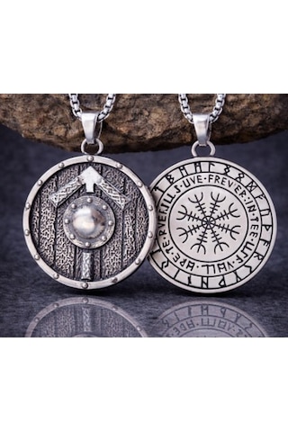 Viking Kalkanı Kolye Erkek Norse Rune Tasarım Savaşçı Tarzı Çelik Kolye Hediye Gümüş